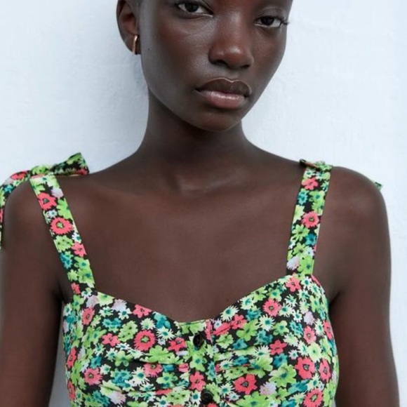 Zara✨Floral Print Green Pink Midi Dress - Picture 6 of 12